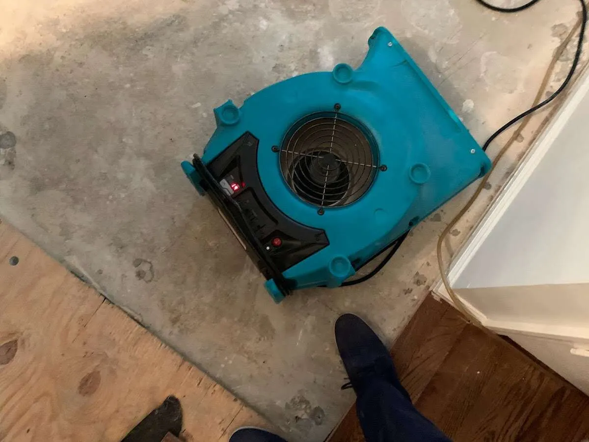 Air mover drying subfloor during Leak Detection & Repair in Four Square Mile